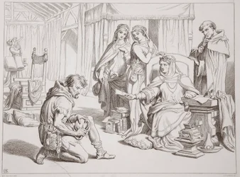 Martin Lightfoot si impegna a essere il portatore della lettera al conte Leofric, illustrazione da Hereward the Great di Charles Kingsley, pub. 1870, inciso da C.G. Lewis